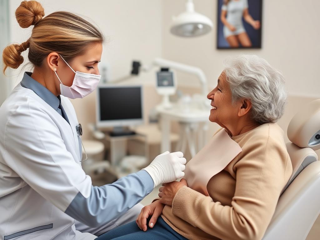 Dentista da OdontoGama atendendo paciente idoso com empatia